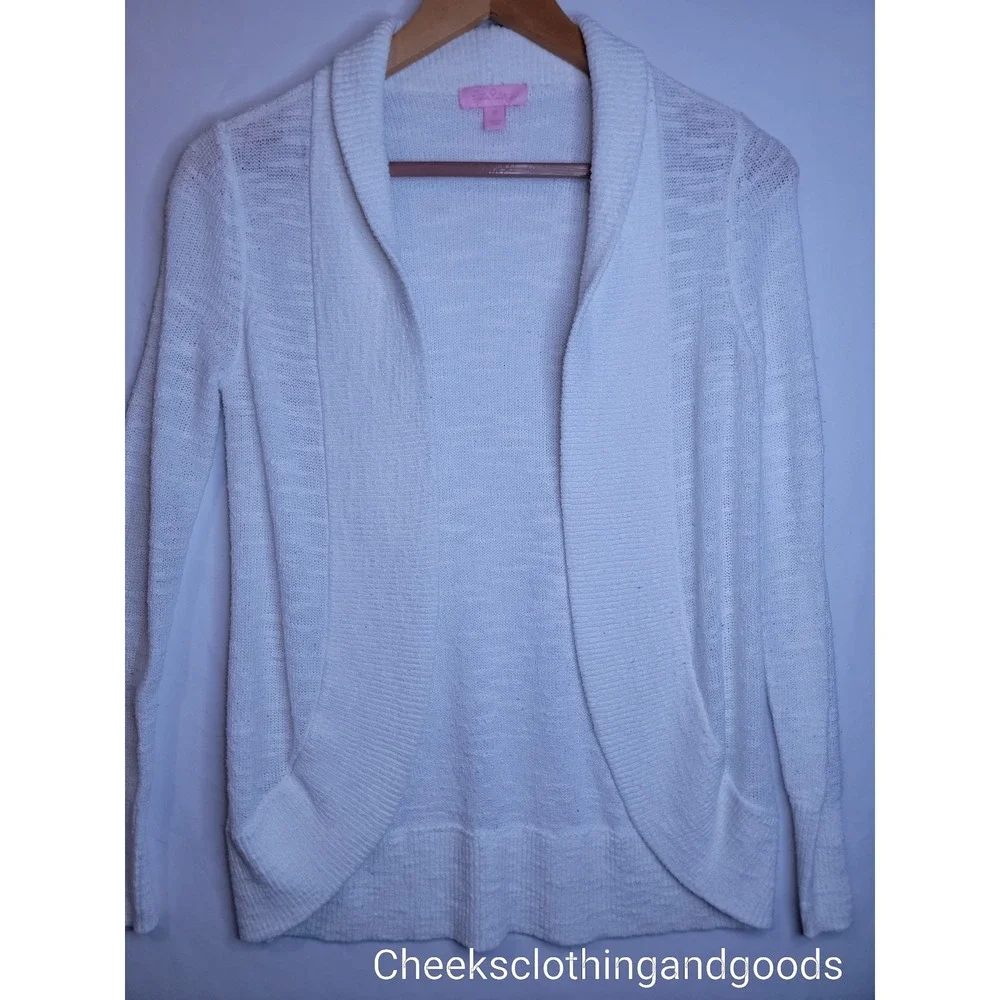 Lilly Pulitzer White Open Front Shawl Collar Knit Cardigan Sweater Womens XS